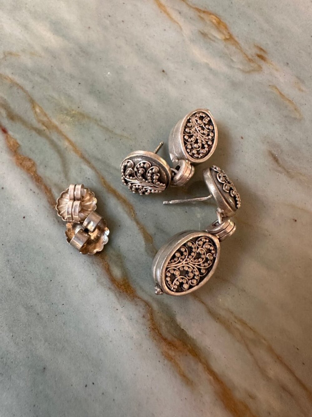 Lois Hill Style Sterling Oval Granulated Drop Earrings